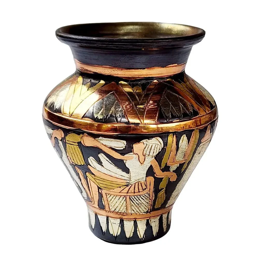 Vintage Egyptian Revival Engraved Brass Copper Bud Vase | Global Boho Decor